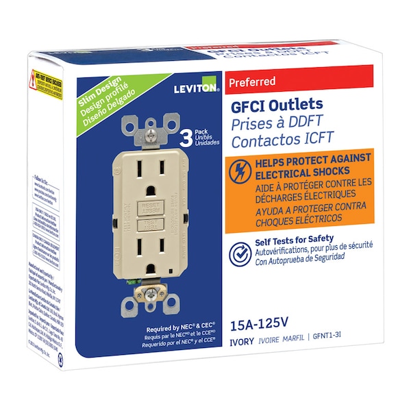 Leviton Leviton SmartlockPro 15 amps 125 V Duplex Ivory GFCI Outlet 5-15R 3 pk GFNT1-03I - main